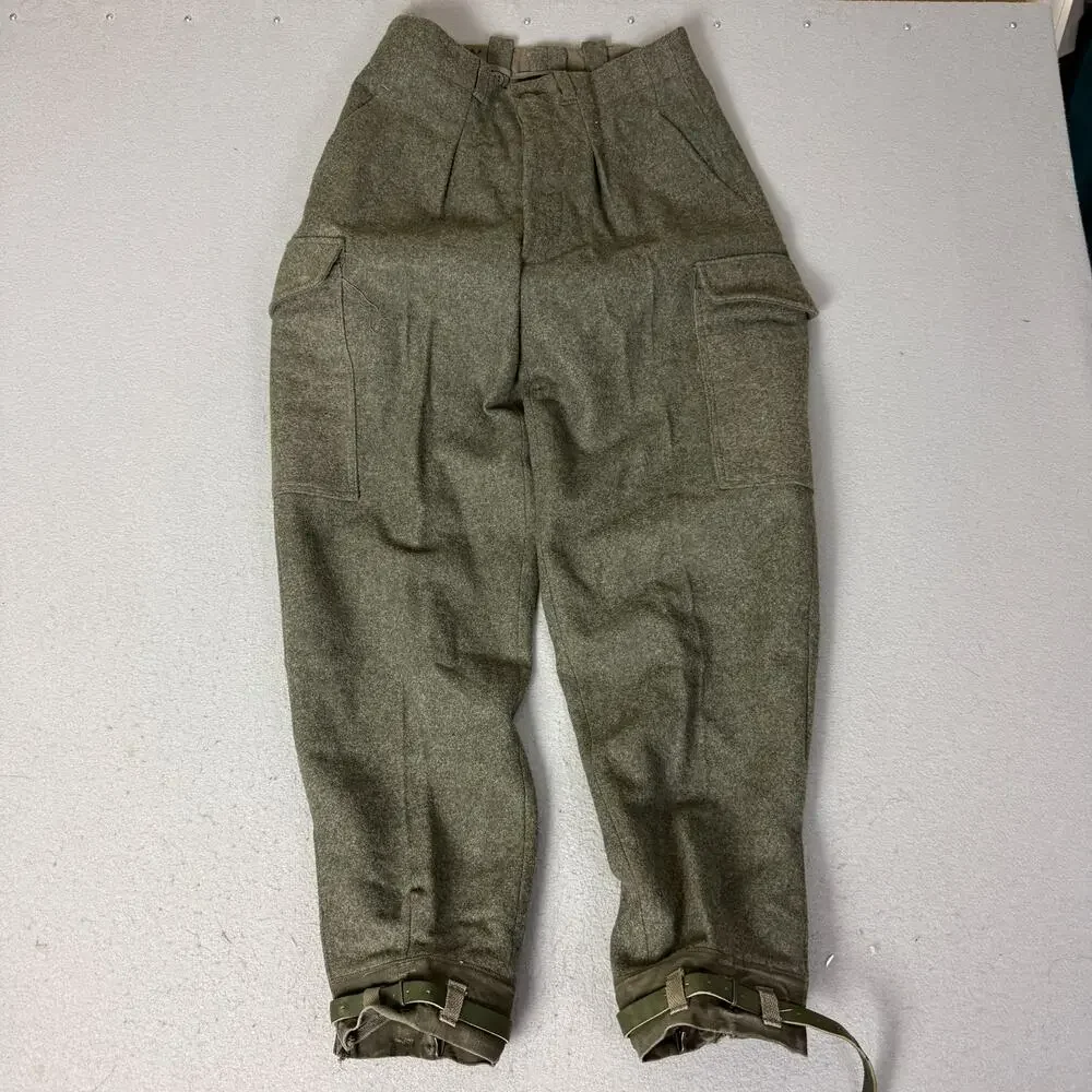 Vintage Swedish Army Wool Cargo Pants C46 Olive Green Military Ankle Straps